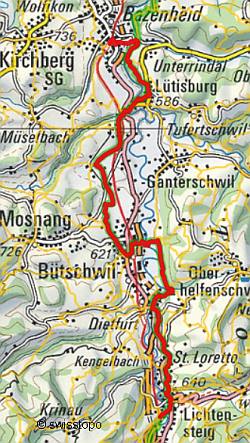 Wanderlandkarte,
                    gezeichnet mit SchweizmobilPlus