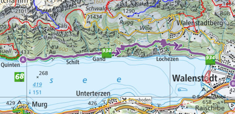 Karte Quinten - Josenhaab - Frachtina - Walenstadt