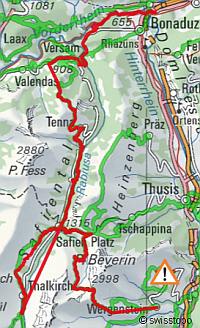 Karte gezeichnet mit
                  SchweizMobil, Wanderwoche im Safiental, von R.Flueler,
                  2019
